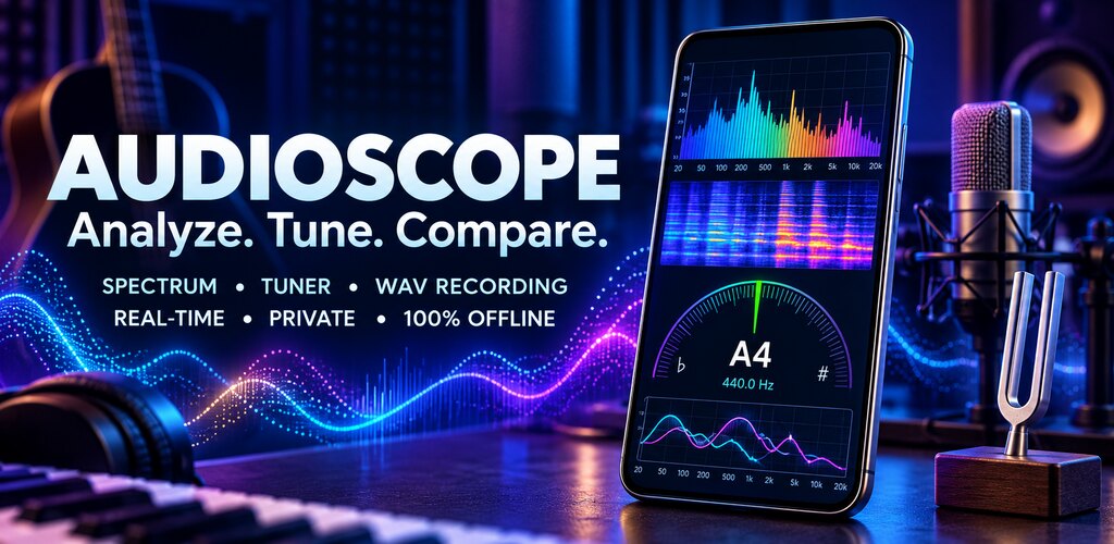 AudioScope on a phone showing a spectrum, a spectrogram and a tuner reading A4 at 440 Hz